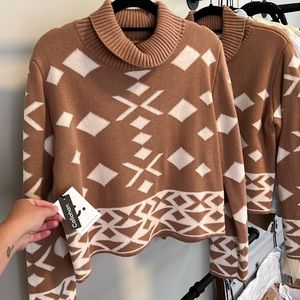 Tan semi cropped turtleneck ski sweater